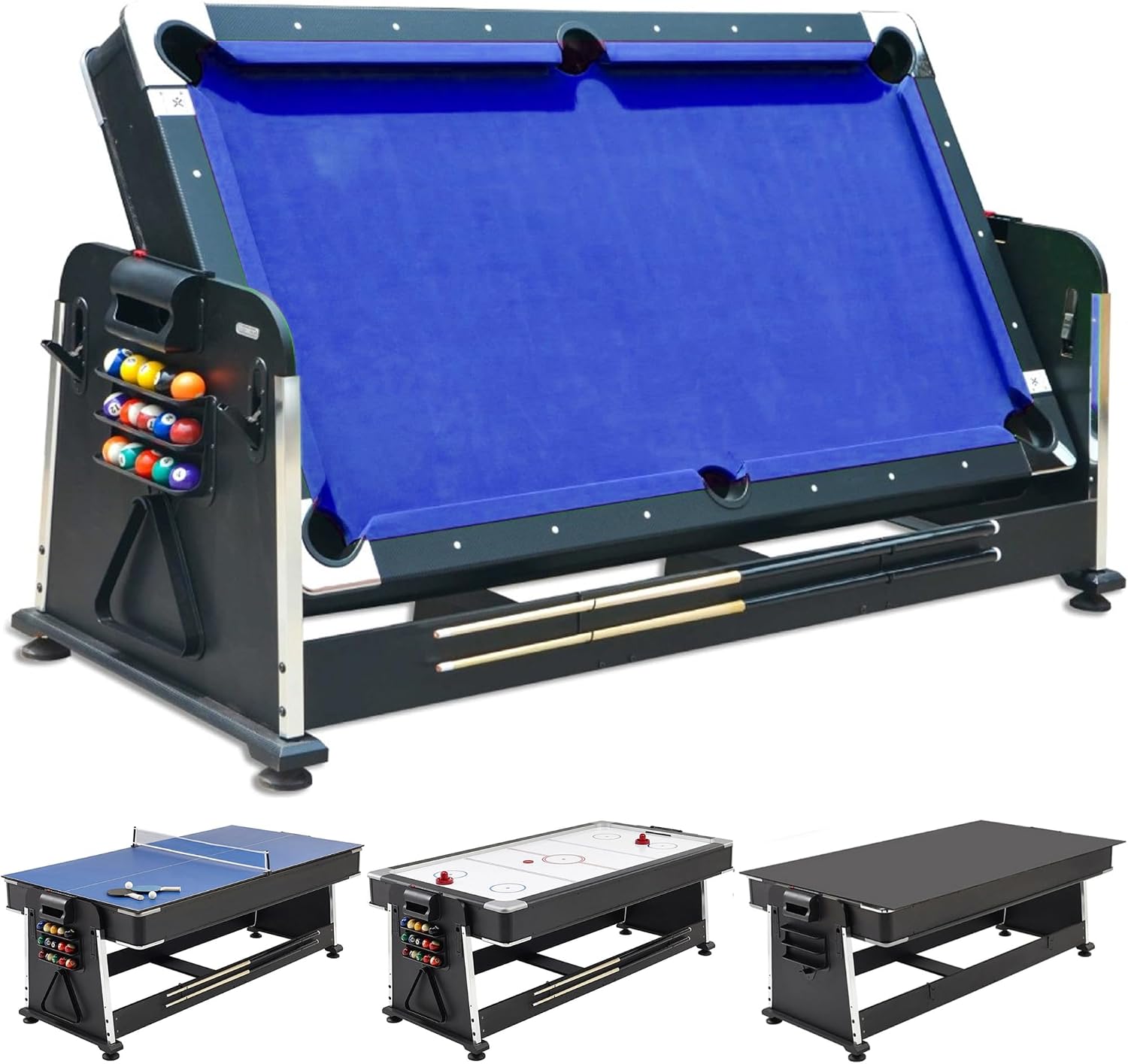 DEVESSPORT Multijuego Giratorio 4 en 1 Olimpus | Mesa de Billar, Air Hockey, Ping-Pong y Mesa de Comedor | 203.5x112x81 cm | Incluye Todos los Accesorios para los 3 Juegos