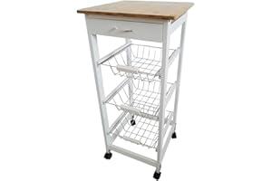 Mueble Gestion Verdulero frutero, Carro de Cocina con Ruedas, 37x37x85 Blanco Tapa Madera Oporto 6