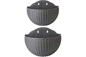 SENCC 2 macetas Colgantes de imitación de ratán para Colgar en la Pared, semicírculo, para Exteriores, con Orificio de Drenaje y Ganchos, Cesta Colgante de plástico para jardín para Valla de balcón (Gris)