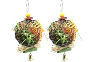 Wonninek 2er Pack Vogel Kauspielzeug Natürlicher Rattan Ball Kommen mit Papierstreifen Futtersuche Shredder Spielzeug Papagei Käfig Hängende Glocke Spielzeug für Papagei Wellensittich