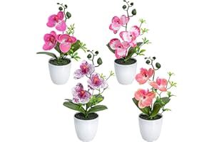 SIFOEL 4 Stücke künstliche Orchideenblumen Mini Topf Orchideenblumen gefälschte Orchideen mit Plastikvase für Home Table Office Dekoration (rot, lila, rosa, orange)