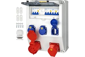 CHENGPI Distribuidor de Corriente para Construcción, Distribuidor de Pared para Obras con Disyuntor, 5P CEE Socket y Schuko Socket, Distribuidor de Consumo Eléctrico para Talleres y Fábricas