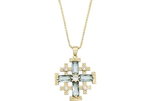 Nazareth Store Anhänger Jerusalem-Kreuz der Kreuzfahrer mit Gelbgold 18 Karat mit kristallisiertem blauem Topas und Halskette