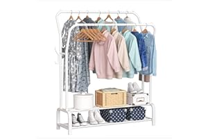 ACCSTORE Garment Rack Clothes Rack Freestanding Hanger Double Rails Bedroom Clothing Rack With 2-Tier Lower Storage Shelf,White