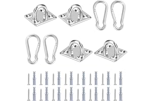 MOONSING Pad Eye Plate and 5M Carabiner Clips, 4 Set Stainless Steel Heavy Duty Staple Ring Hook With 16 Screws, Marine Boat Hardware U-shaped for Swing, Yoga, Shade Sail, Hammock Rigging