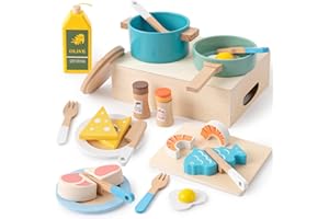 ATOYLINK Wooden Kitchen Toys for Kids 19PCS Wooden Cookware Pots and Pans Set Cooking Toy with Play Dishes Play Food Wooden Kitchen Accessories Pretend Play Toy Educational Gift for Boys Girls 3 4 5 6 Years