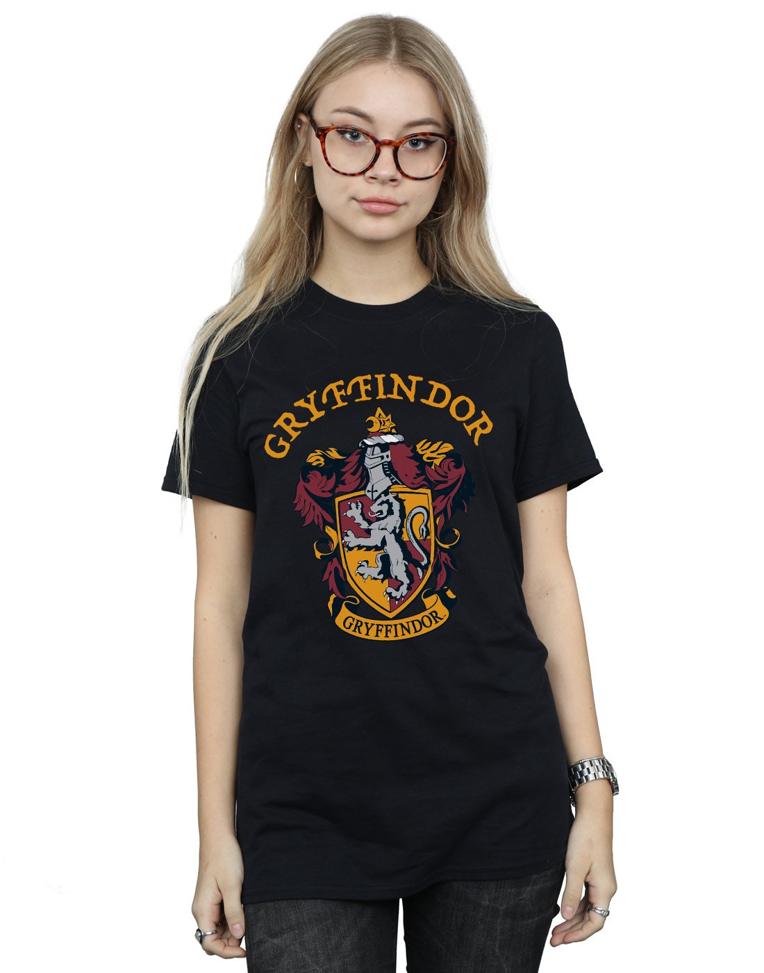 Absolute-Cult-Harry-Potter-Damen-Gryffindor-Crest-Boyfriend-Fit-T-Shirt-Schwarz-Medium