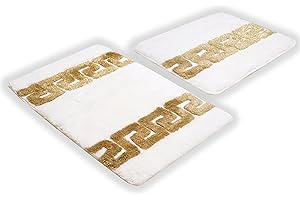 Belle Arti Luksusowa mata łazienkowa, dywanik łazienkowy, czarno-biały, złoty, meander, 100% akryl – puszysty, antypoślizgowy i chłonny (kolor biały, zestaw 2 sztuk – 50 x 60 x 90 cm)