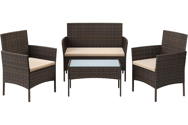 SONGMICS Salon de Jardin Extérieur 4 Place en Résine Tressée PE, pour Patio, Balcon, 1 Table, 2 Fauteuils de Jardin et 1 Banquette Extérieure 2 Places, Marron et Taupe GGF004KZ02