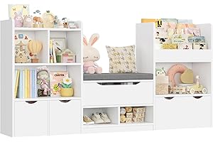 FOREHILL Kids Toy Storage Unit with Storage Bench 183.5cm Kids Bookshelf Toy Organiser Childrens Bookcase, 3 Drawers on Wheels, 7 Open Shelves for Playroom Nursery Furniture White