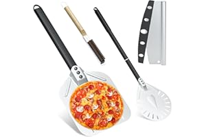 iklestar 4PCS Accessoires pour four à pizza, Pelle a pizza perforée de 30 cm, Peau à pizza en aluminium de 83cm avec un long manche, Outil de nettoyage de la pierre du four