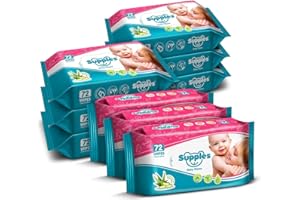 Amazon Brand - Supples Baby Wet Wipes With Aloe Vera And Vitamin E - 72 Wipes/Pack (Pack Of 9)