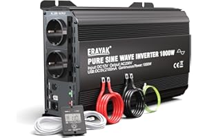 ERAYAK Inverter 12v 230v Onda Pura 1000W / 2000W Convertitore di Tensione Con Pannello di Controllo Remoto 6m per Camper Auto Pannello Solare (DSU1000)