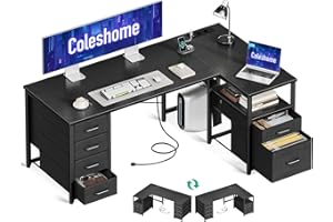 Coleshome Scrivania Angolare con Tessuto Cassetti, Reversibile Scrivania a l con Cassetto Portadocumenti, Scrivania per Computer con Porta di Ricarica USB e Presa di Corrente (Nero, 140x70cm)