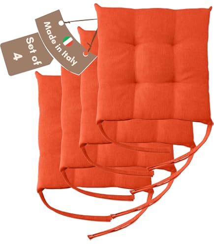 Cuscini Per Sedie Con Laccetti Antiscivolo - 40x40 Cm - Set Da 8 Pezzi Colore Arancione - Per Interni Ed Esterni, Giardino E Cucina - Morbidi E Leggeri