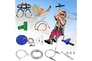 CTSC Zip Line Kits for Garden, 25m Zip Wire Kit For Kids and Adults, With Stainless Steel Spring Brake, Tensioning Kit, Safety Harness, Tree Protectors (25m blue)