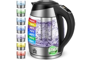 FOR ME Bollitore Elettrico in Vetro 1,8 L, Controllo della Temperatura, Temperatura Selezionabile da 40°C a 100°C, Illuminazione a LED a 7 Colori, Funzione di Mantenimento Caldo, Senza BPA