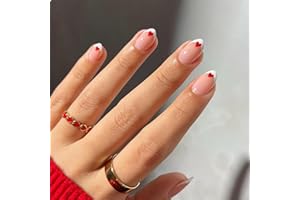 GlamRays Short Almond Press-On False Nails Valentine's Day Red Heart Nail Art Decoration White French Manicure for Women and Girls Pack of 24