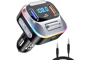 LENCENT Bluetooth 5.0 Car FM Transmitter, PD+QC3.0 Charger,AUX Radio Music Adapter, Wireless Big Microphone&HiFi Bass Sound Cigarette Lighter, Supports Hands-Free Siri Google Assistant, Black (T73)