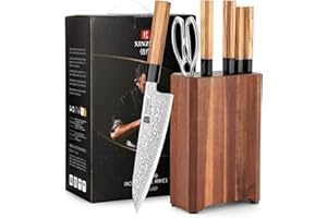 XINZUO 67 Capas de Acero de Damasco Bloque de Cuchillos 7 Piezas, Profesional Juegos de Cuchillo de Cocinero -Mango de Madera de Olivo-con Bloque de Cuchillos y Tijeras de Cocina-Con Caja de Regalo
