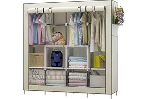 UDEAR Armario de Ropa de Tela y Tubo Metal para Ropa Organizador Ropero Plegable Colgar ，Beige