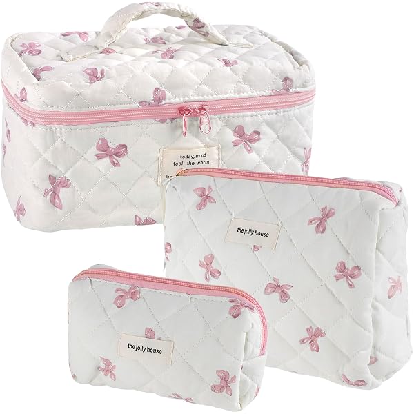 Beauty Case In Cotone Trapuntato Floreale Grande Con Scomparti - Organizer Per Trucco E Pennelli Da Viaggio (Rosa, Large)