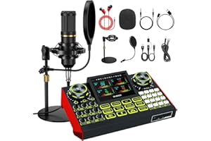 TENLAMP Podcast Microphone Bundle with Live Sound Card Audio Mixer, Podcast Equipment Bundle Sound Board with 3.5mm Condenser Microphone for Pc/Phone Live Streaming Singing Gaming,Voice Changer, Denoise