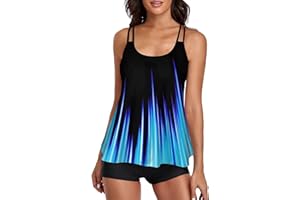 wihnsinop Tankini Damen Bauchweg Bademode Set Damen Freizeit Tankini Badeanzug Zweiteiler Tankinis Set Sommer Elegant Badeanzüge für Damen Tankini Oberteil mit Badeshorts