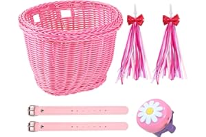 SVNR Kids Bike Basket Set,Bike Basket Kids,Wicker Girl Bike Baskest,Bike Handle Bowknot Streamers and Bell,Children Cycling Basket with Spare Leather Straps,Easy Install Detachable