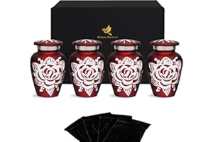 SOLACE FOREVER Red Rose Keepsake Urns - Mini Urns for Ashes Set of 4 with Black Box & Bags - Red Urns for Ashes Adults - Honour Your Loved One with Mini Cremation Urns - Perfect Urns for Men & Women
