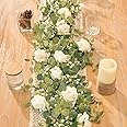 Anna's Whimsy 180 cm Artificial Eucalyptus Flower Garland, Fake Rose Gypsophila Wreaths, Flower Vines, Floral Garland Decoration for Wedding Party Home Craft Art Table Runner Decor, White