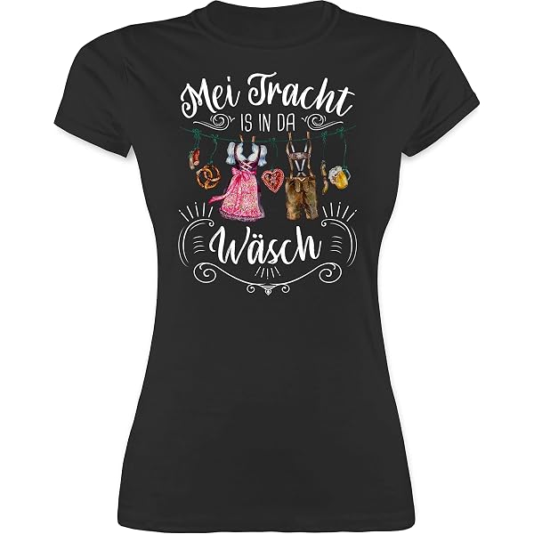 Maglietta Donna Oktoberfest “Mei Dirndl Is In Da Wäsch” – Nero, Cotone 100%, Taglie Dalla S Alla XL