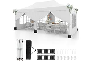 RELAX4LIFE Tenda da Giardino Pop-Up 3 x 6 M con 6 Pareti Laterali, Gazebo da Esterno con Altezza Regolabile, 12 Picchetti, 6 Corde e 6 Sacchi di Sabbia, Pieghevole per Feste e Matrimoni (BIANCO)