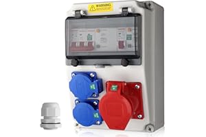 EYPINS Distributore di Corrente da Cantiere con LS+FI,2x 230V 1x 16A,Presa Schuko e CEE,Quadro Elettrico Esterno da Parete,Impermeabile IP66,per Giardini, Garage, Officina e Cortili
