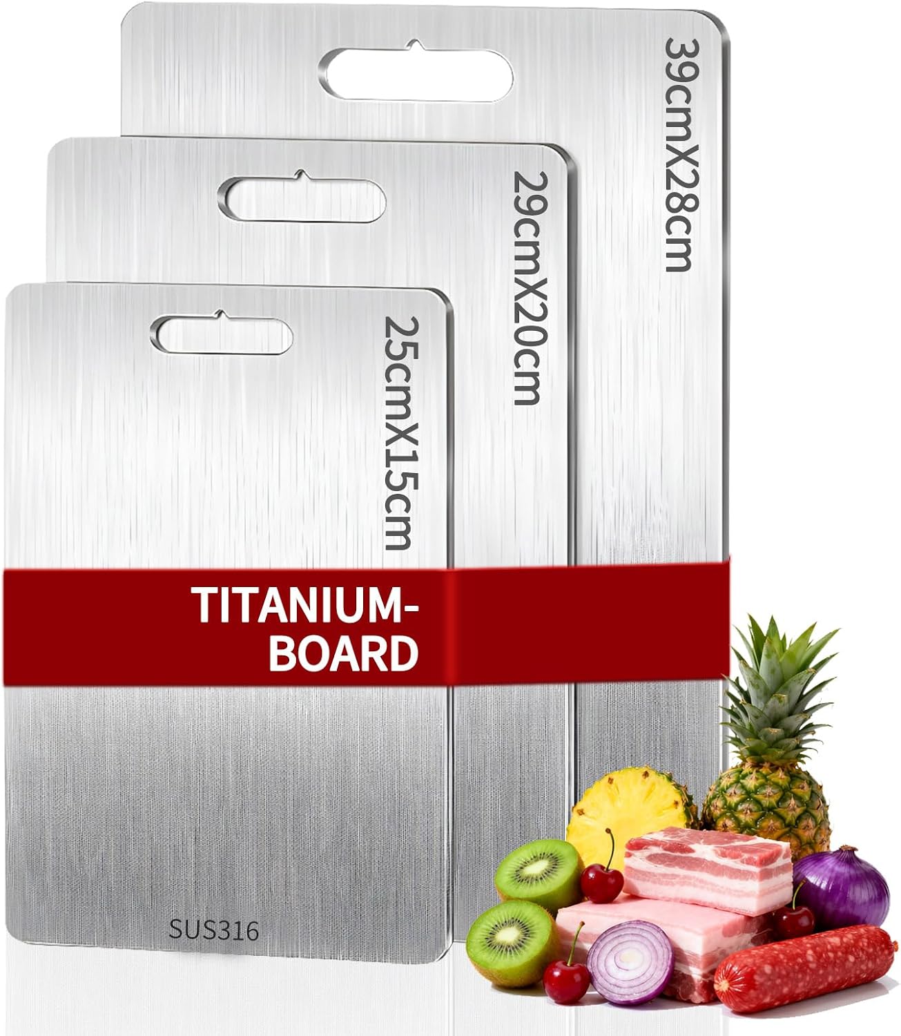 3 Tablas tabla cortar titanio, Set de Tablas de Cocina Antideslizantes Resistentes a Arañazos, Higiénicas & Lavables en Lavavajillas (39x28+34x23+29x20cm)