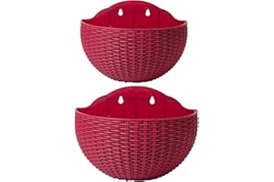 SENCC 2 macetas colgantes de imitación de ratán para colgar en la pared, macetas colgantes para exteriores con agujero de drenaje y ganchos, cesta de plástico para colgar en el balcón (vino tinto)