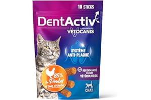 Vetocanis - Dentactiv - Stick Dentaire - Friandises pour Chat Gourmandes - Hygiène et Santé du Chat - Riche en Viande - 85% de Poulet - Système Anti-Plaque