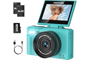 Digital Camera, LAMA 5K 75MP Autofocus Vlogging Camera with 64G SD Card, Compact Camera with 3.0 Inch 180° Flip Screen, 18X Digital Zoom Cameras for Kids, Teenagers, Beginners, Adults Blue