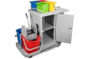‎G.I.V. - REINIGUNGSTECHNIK G.I.V. Stabiler Reinigungswagen mit abschließbarem Schrank - Putzwagen mit Vertikalpresse, Dauerabfallsack, leise Räder, 2x18L Eimer, 4-Farbsystem Eimer je 6L - für Gebäudereinigung, Büro, Kliniken