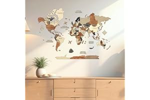 Creatifwood Mapa mundi madera 3D con Nombres Grabados de Países y estados para Marcar Viajes. Mapa mundi pared de madera multicapa Decoración, Dormitorio y Oficinas (Multicolor, 80L x 55an cm)