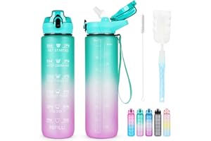AOHAN Butelka na wodę ze słomką 1 l, sportowa, z oznaczeniem czasu, nietoksyczna, plastikowa, PCTG szczelna, motywacyjna, ze szczotką do czyszczenia, do aktywności na świeżym powietrzu