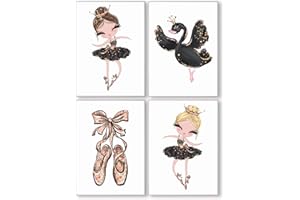 Pandawal Kinderzimmer deko Mädchen Wandbilder Ballerina mit Krone/Schwan Schwarz Gold Bilder 4er Poster Set (T8) im DIN A4 Format…