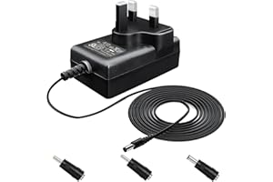 OXZEEWEE 12V 1.5A 18W 1.8M Long Power Supply Adapter, AC DC Switching Adapter (Input 100-240V, Output 12Volt 1.5Amp 1500mA), Wall Mount Transformer Plug with 3 Interchangeable Adapter Jacks, UKCA Listed