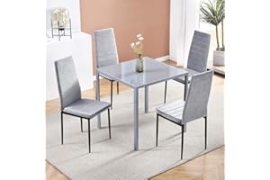 MENAKA Modern Grey Glass Dining Table and Chairs Set of 4 for Small Kitchen, 5 Piece Grey Glass Tempered Squre Table and 4 Grey Velvet Chairs for Small Dinette Apartment Space Saving