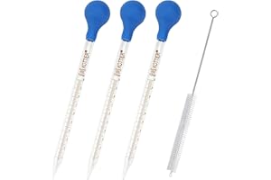 Omoojee 3 szt. szklanych pipet z zakraplaczem, 10 ml skalowany zakraplacz z gumową gruszką i szczoteczką do czyszczenia, pipety do olejków eterycznych
