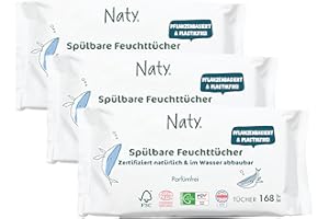 ‎NATY Naty Spülbare Baby Feuchttücher | Feuchte Toilettentücher für Kleinkinder | 98% gereinigtes Wasser, pflanzenbasiert & plastikfrei | Sanfte Reinigung für empfindliche Haut | 168 Tücher (3 Packungen)