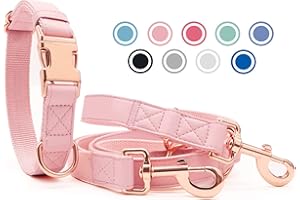 HEYDOGGY Weich Leder Hundehalsband und Leine (2m) Set - 3-Fach Verstellbar Hundeleine mit Halsband, Stilvollen Rose Gold Metall Schnalle & Nylon Hund Leinen für Welpen Kleine Mittlere Große Hunde Rosa,M