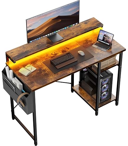 Bureau Compact Avec Rangement 80x50 Cm - Cadre Métal, Plateau Marron Vintage - Idéal Télétravail, Petit Espace, Salon