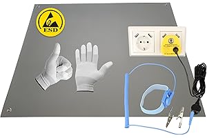 Minadax 60 x 30cm GRAU Antistatik ESD Computer Matte Tischmatte „Premiumqualität“ inkl. Manschette + 2,4m Verlängerung + ESD Erdungs-Stecker + Handschuh