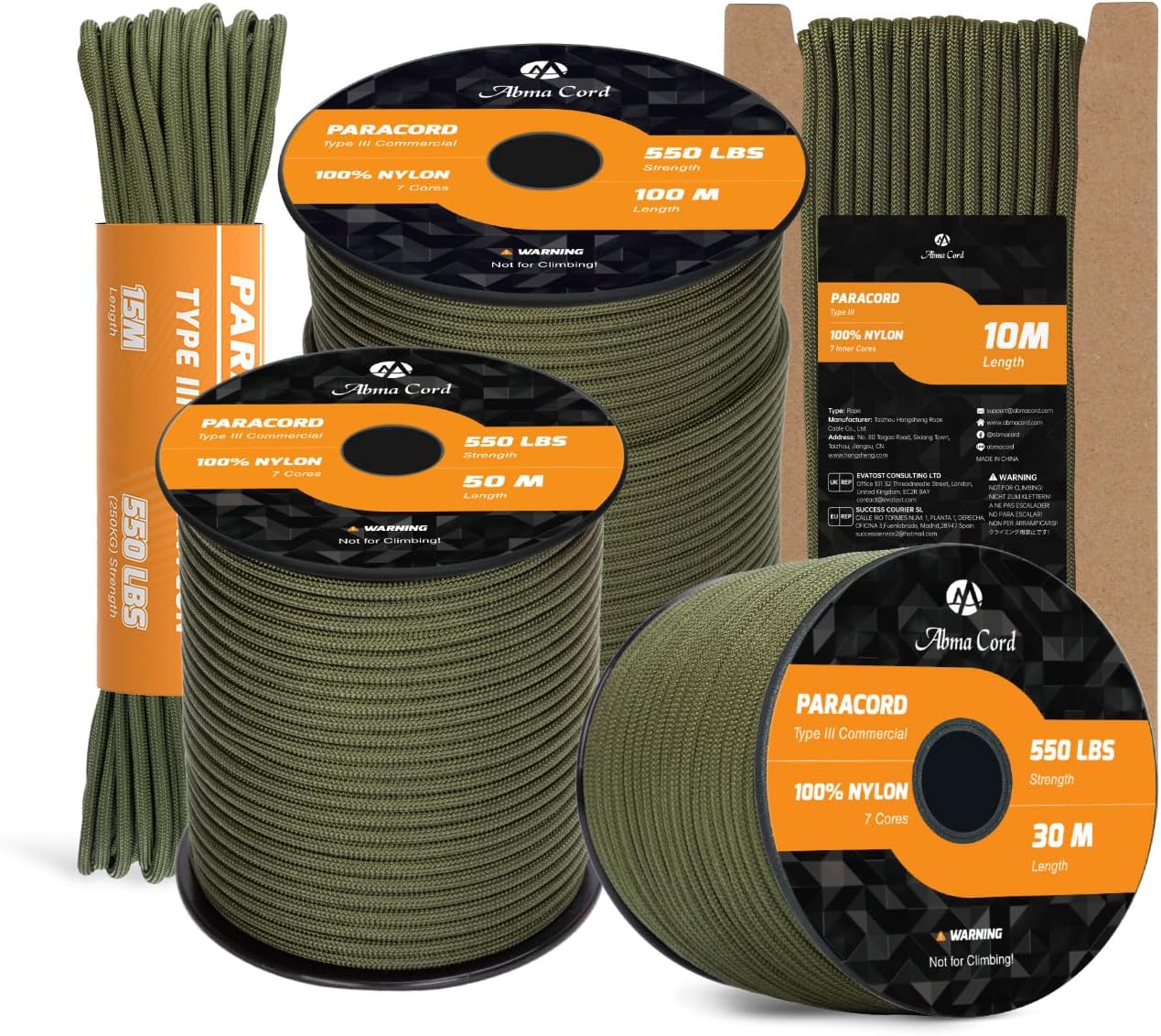 Abma Cord 4mm Paracord 550 Nylon Cuerda (10-15-30-50m) Tipo III 7 Hebras Cuerda de Nailon - MAX. 250 kg - Ejército Verde, 15m